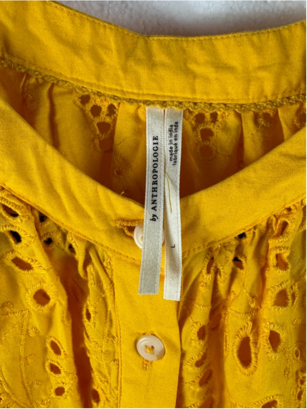Anthropologie Tallulah Yellow Eyelet Tiered Short puff sleeves Mini Dress sz L - Picture 7 of 11
